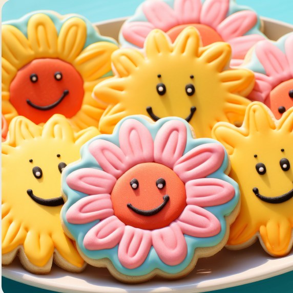 Smiling sunflower and daisy sugar cookies iced in yellow, pink and red